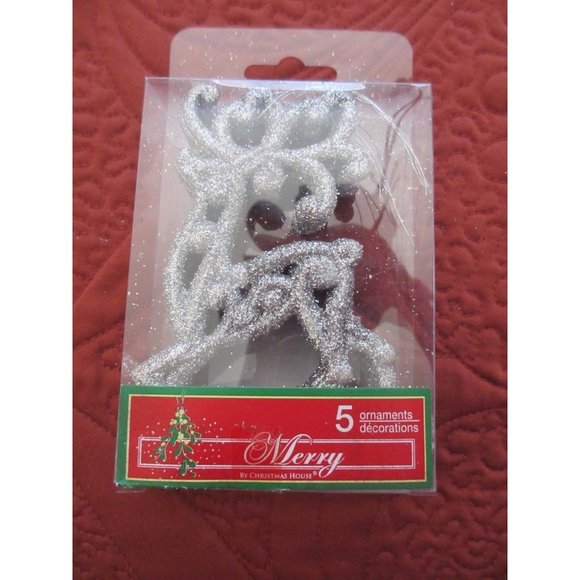 LOT OF 3 PACKS OF GLITTER ORNAMENTS 2 REINDEER, 1 "JOY" TOTAL 15 ORNAMENTS NIP - Picture 2 of 3
